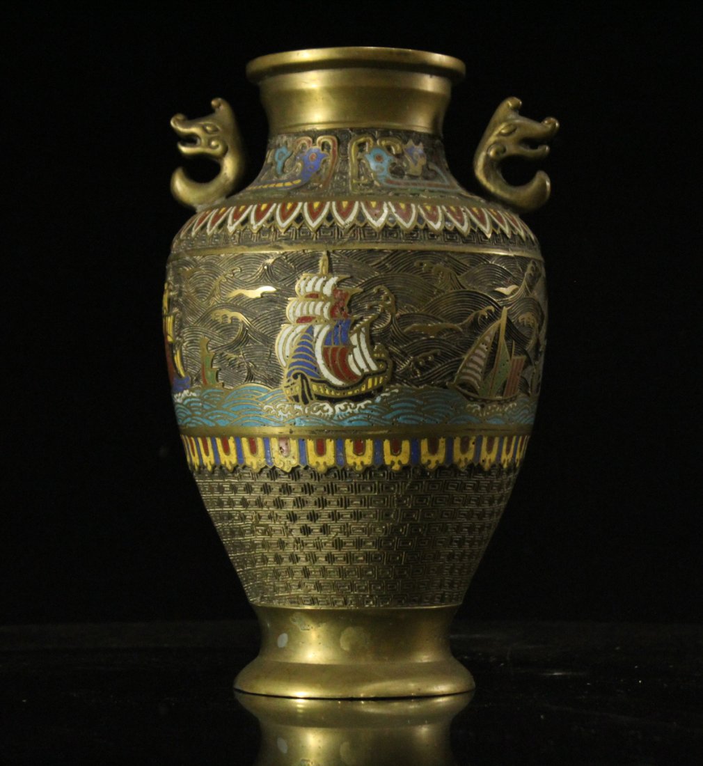 BRONZE CHAMPLEVE URN With Galleon Ship Border (1 of 4)