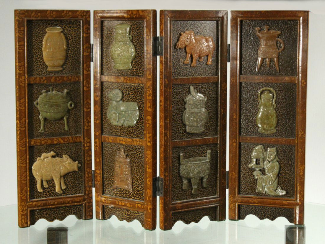 4-Panel Oriental Table Screen With Applied Stone Decor (1 of 5)