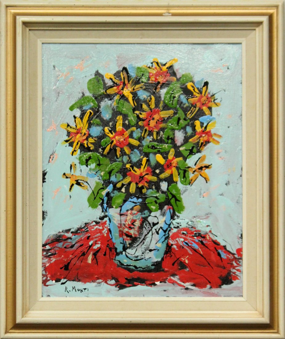 R MONTI Mid Century Abstract FLOWERS IN VASE OIL/C (1 of 3)