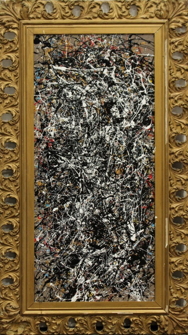 JACKSON POLLOCK STYLE Mid-Century Mod Drip Art Painting: JACKSON POLLOCK STYLE Mid-Century Mod Drip Art Painting.Unsigned, fancy gold frame.Size: 40 x 18 , outside of frame edge: 50 x 28. Large size, oil on board painting, great quality, unsigned.