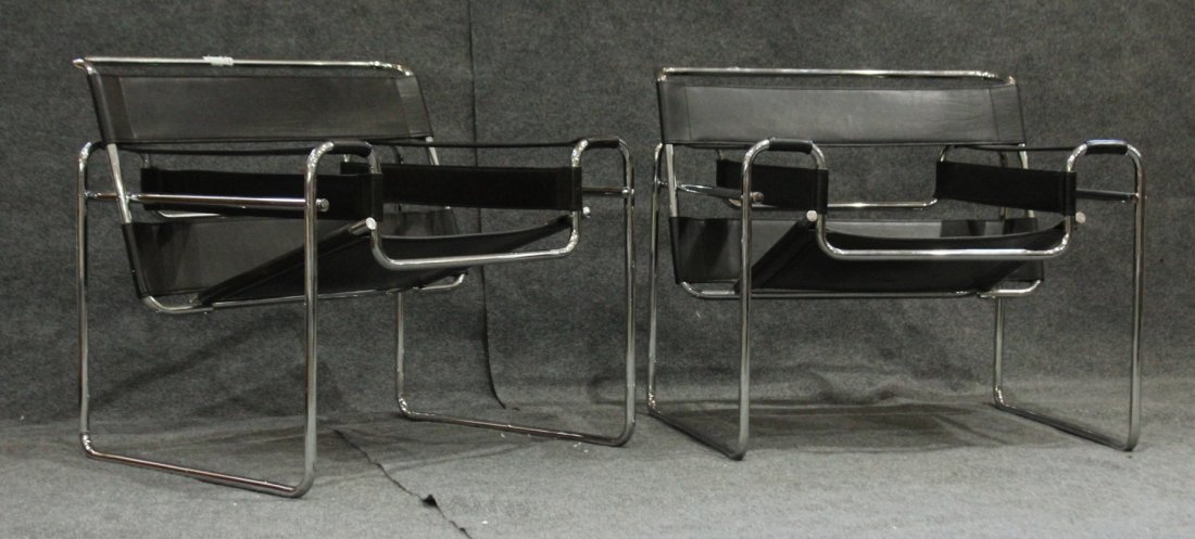 PAIR ORIGINAL KNOLL WASSILY BLACK LEATHER CHROME CHAIRS (1 of 6)
