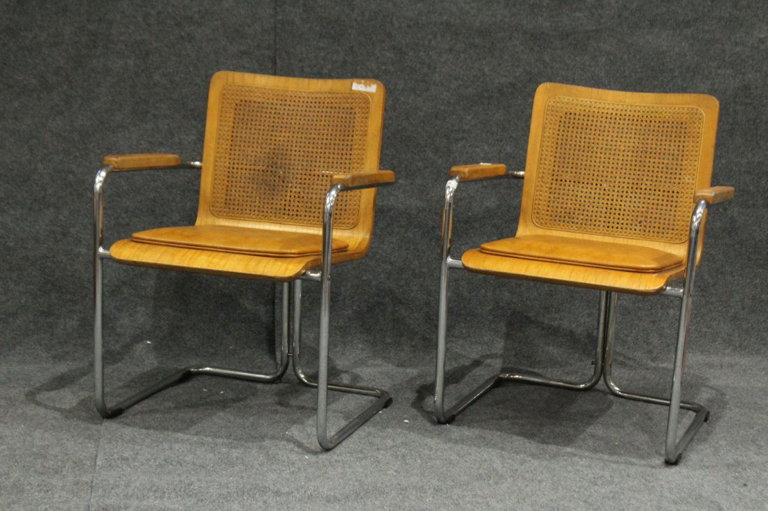 Pair TUBULAR CHROME , CANE BACK, PLY SEAT ARM CHAIRS (1 of 6)