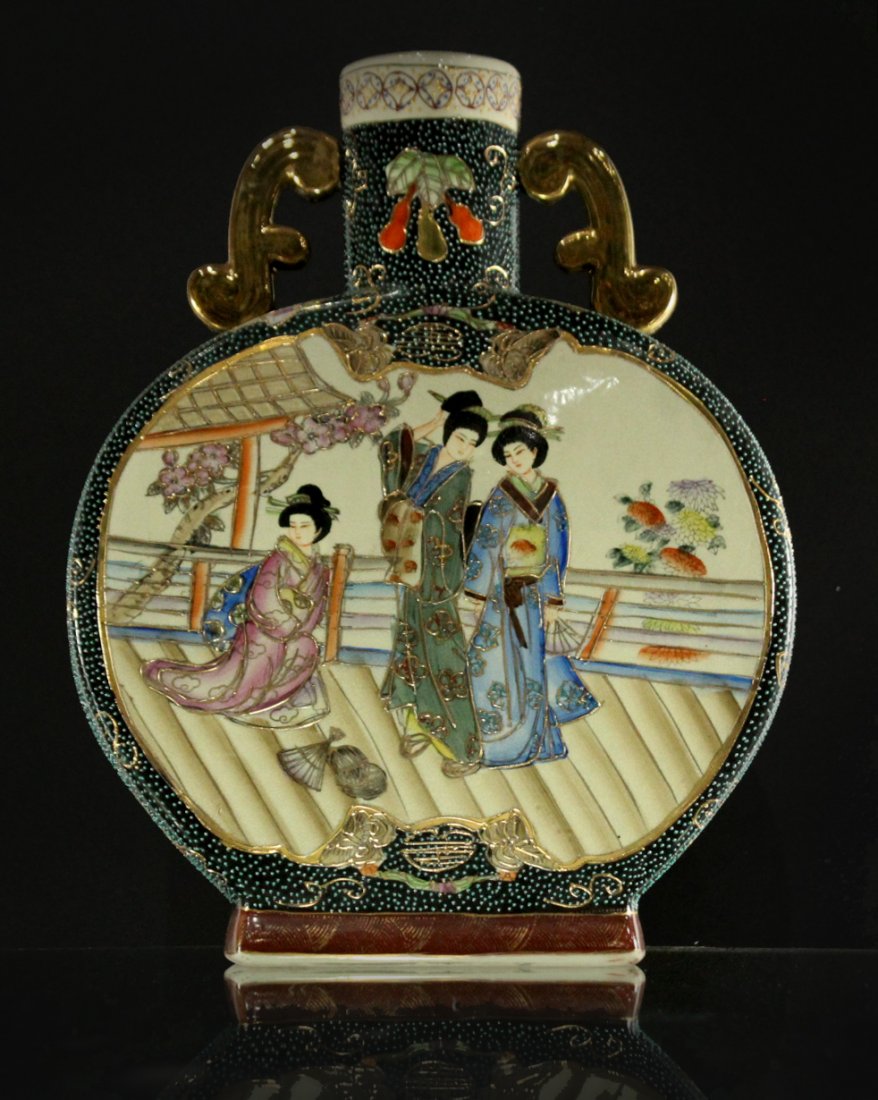 HAND PAINTED ROYAL SATSUMA Circular Porcelain Vase: HAND PAINTED ROYAL SATSUMA Circular Porcelain Vase, all over scenic decoration, marked on base. Size: 16 h , 12.5