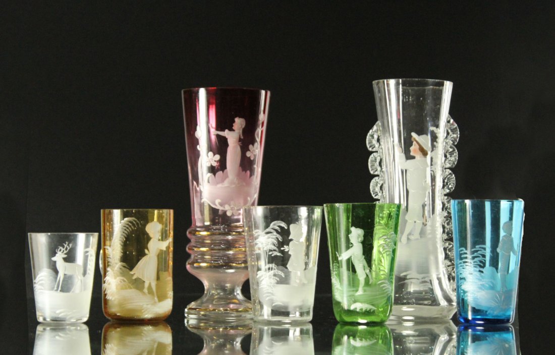 Seven [7] Assorted MARY GREGORY Colored TUMBLERS, VASES (1 of 10)
