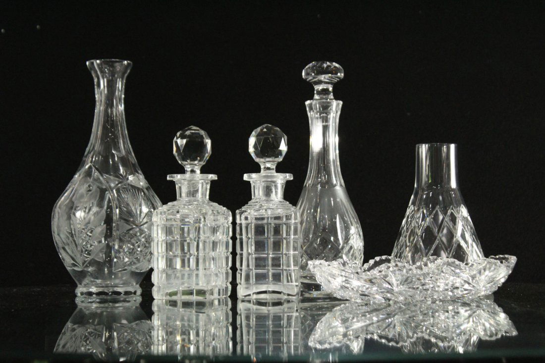 Six [6] Assorted CUT GLASS BOTTLES, DISH, DECANTERS (1 of 7)