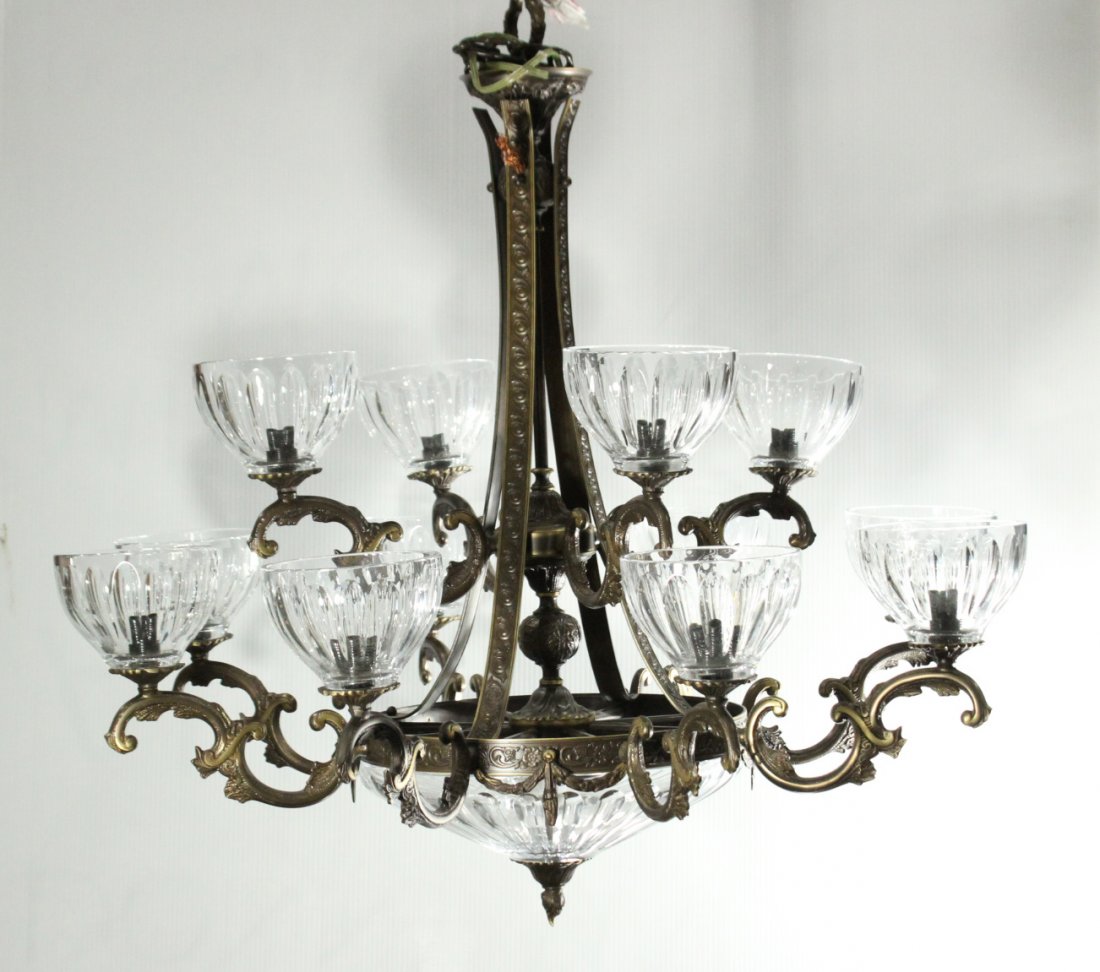 Superb BRONZE & CRYSTAL SHADES 10-ARM 2-TIER CHANDELIER (1 of 9)