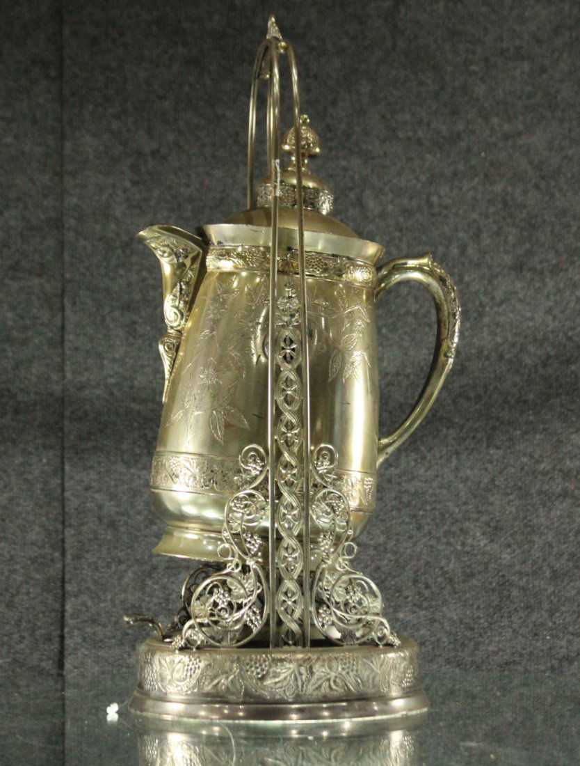 Antique Ornate VICTORIAN SILVER PLATE CRADLE COFFEE POT (1 of 8)