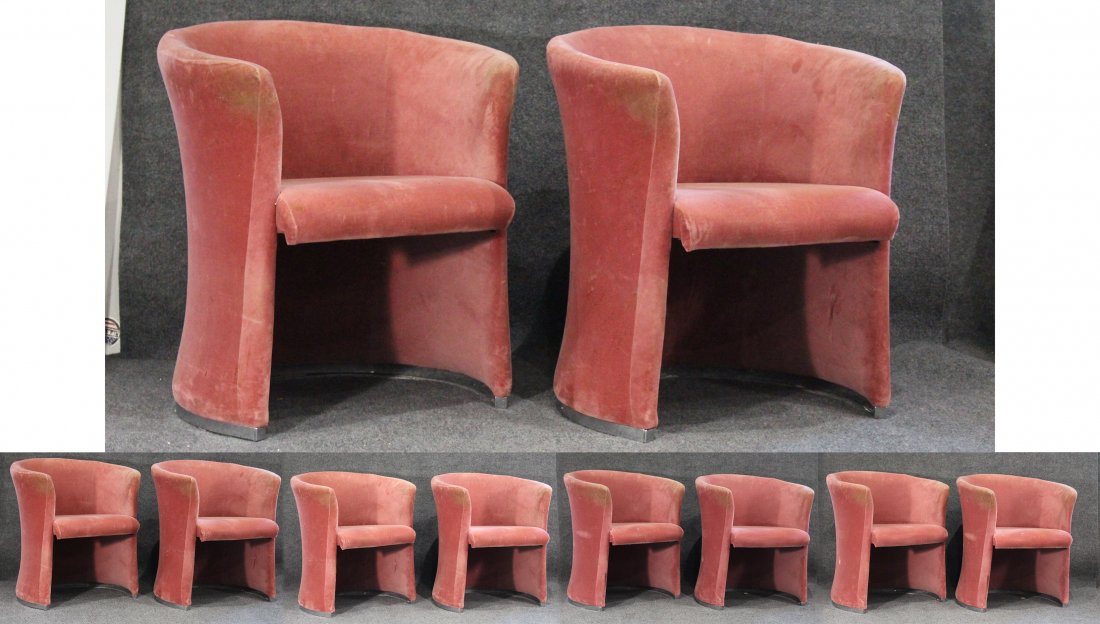 Set Eight [8] PINK VELOUR UPHOLSTERED TUB CHAIRS: Set Eight [8] PINK VELOUR UPHOLSTERED TUB CHAIRS . Size: 29 h , 27 w