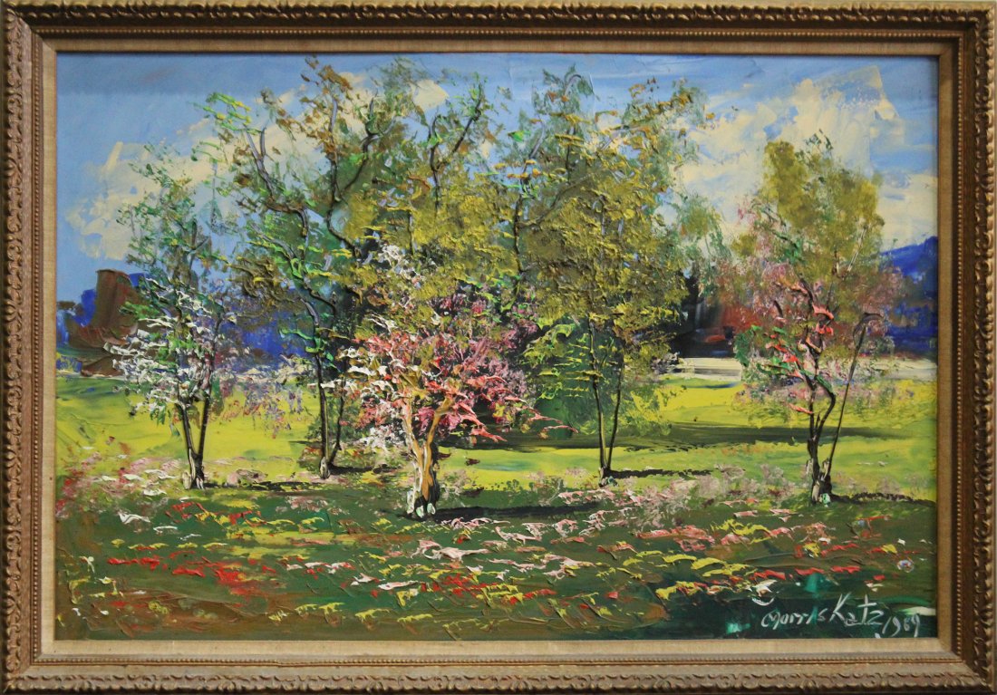 MORRIS KATZ 1969 Listed Jewish American LANDSCAPE: MORRIS KATZ 1969 Listed Jewish American LANDSCAPE, Summertime in the Catskills. Note the earlier works pre-1970 by this artist are very sought after and hard to find. Acrylic on board painting. Size: 