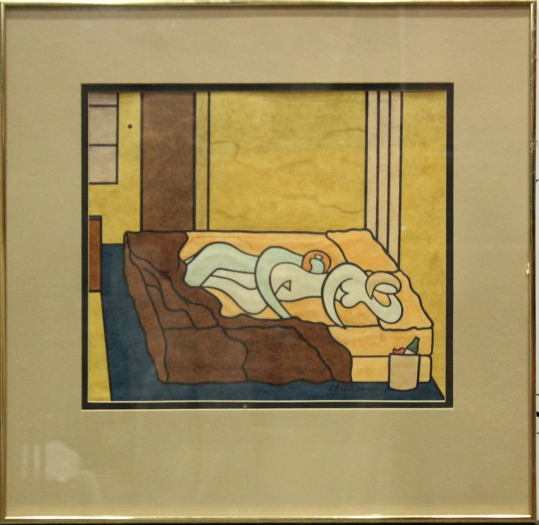 R K VAN DOREN Mid-Century W/C NUDE FIGURES IN BED: R K VAN DOREN Mid-Century W/C NUDE FIGURES IN BED . Signed, Original framing. Vintage. Size: 25 x 26