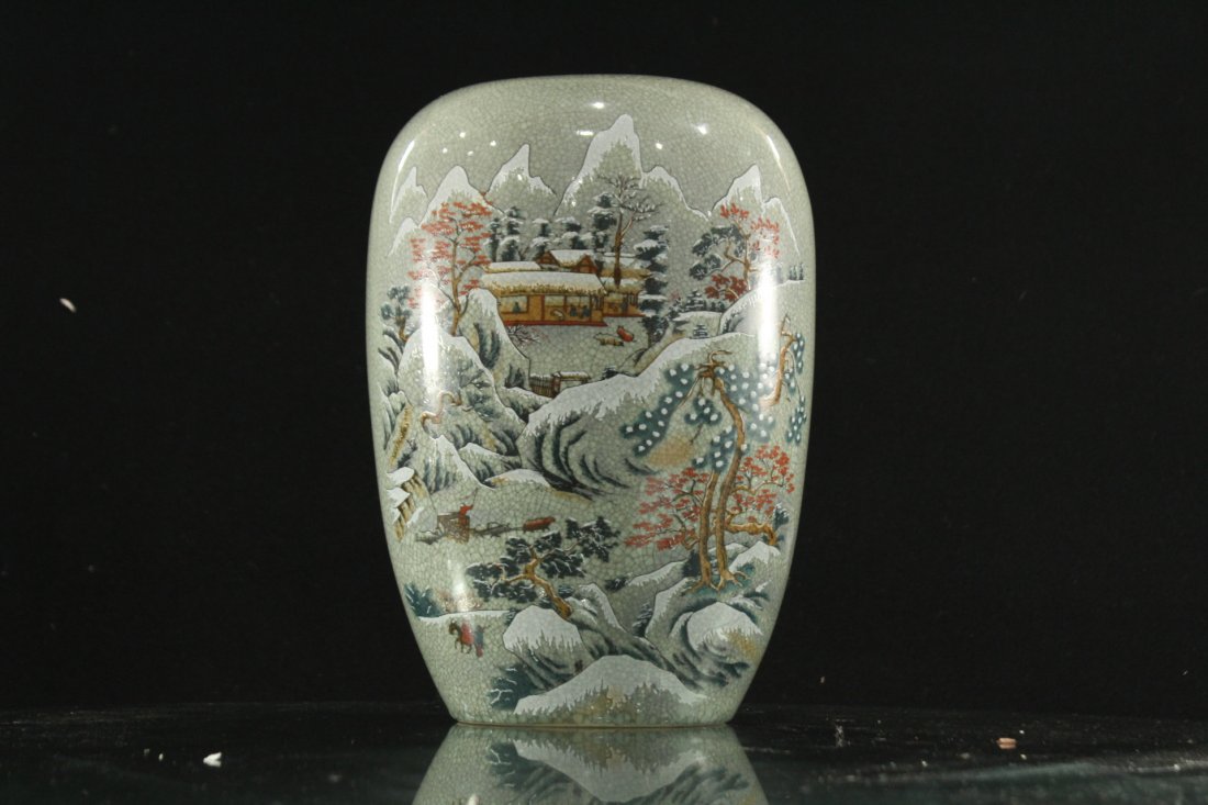 ORIENTAL CELEDON VASE Winter Landscape, Writing on side (1 of 5)