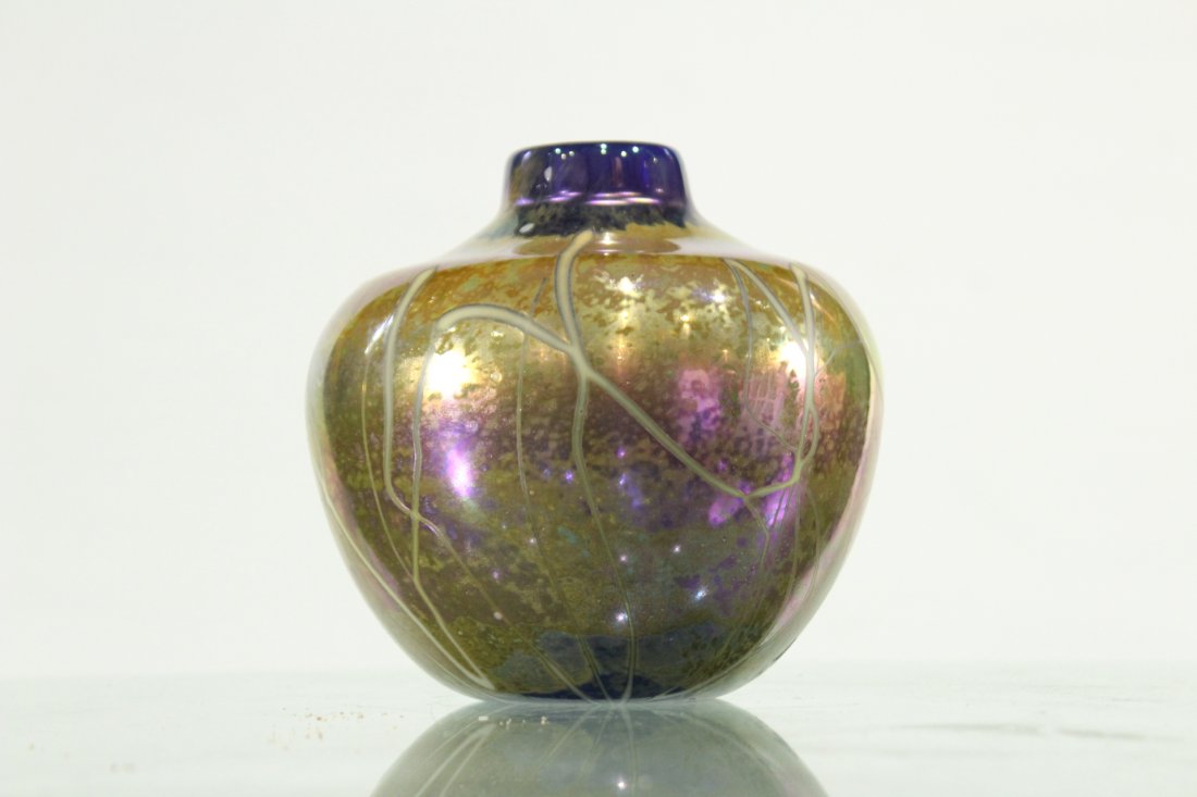 STUDIO ART GLASS VASE Blue , Gold, White Swirl Accents (1 of 6)