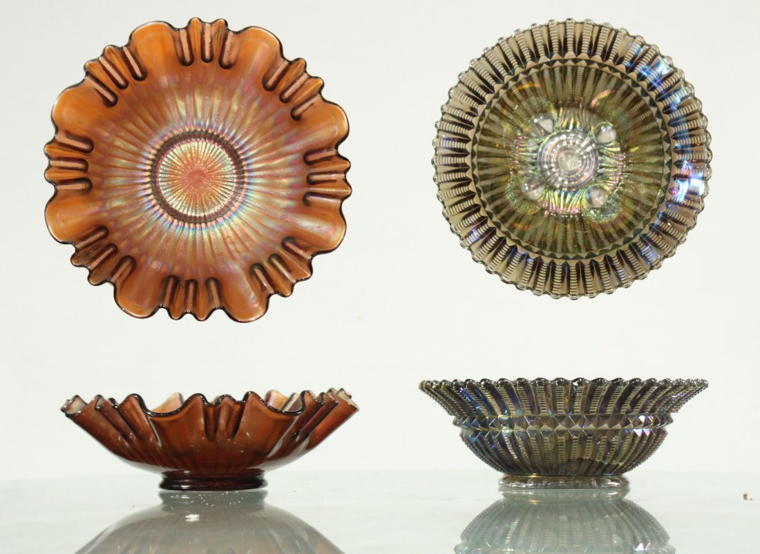 Two [2] CARNIVAL GLASS BOWLS, Marigold, Pale Green (1 of 5)