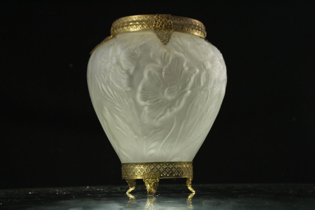 Vintage FRENCH SATIN GLASS EMBOSSED FLORAL VASE, Brass (1 of 4)