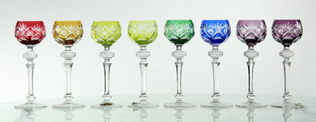 Series of colored cut to clear goblets , wine glasses: Series of colored cut to clear goblets , wine glasses, smaller size. Crystal Cabinet Bleikristall . Size: 6 inches in height