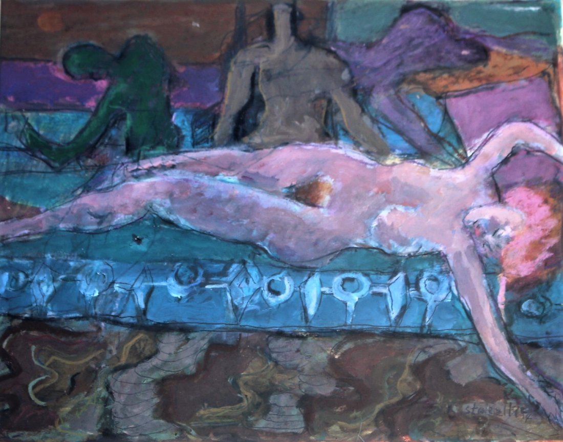 HUGH STORELLS , W/C Mid Century Modern Reclining Woman: HUGH STORELLS , W/C Mid Century Modern Reclining Woman. Watercolor painting, signed, original framing. Size: 8 in. x 10 in.; 15.5 in. x 18.5 in.