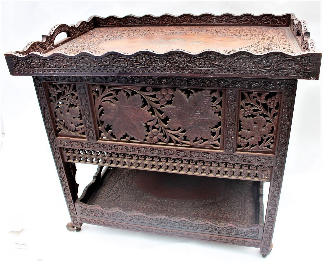INTRICATELY CARVED SERVING CART with brass inlay (1 of 9)