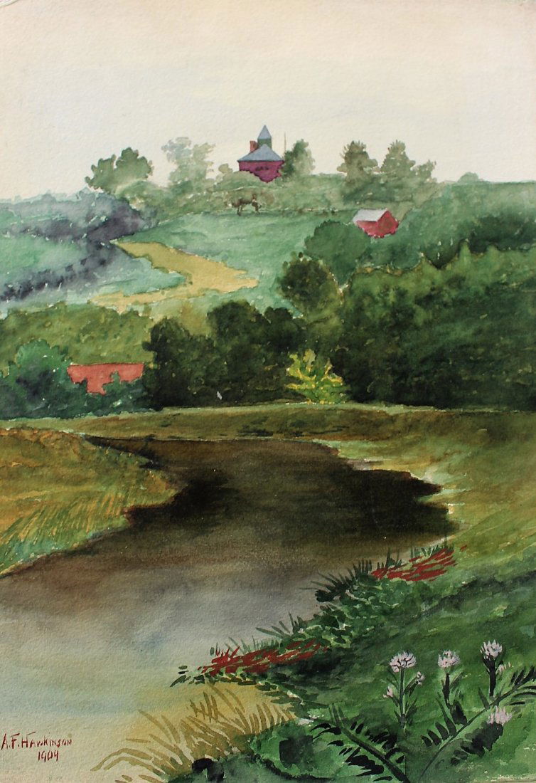 A F HAWKINSON 1909, W/C Landscape Stream House On Hill (1 of 6)