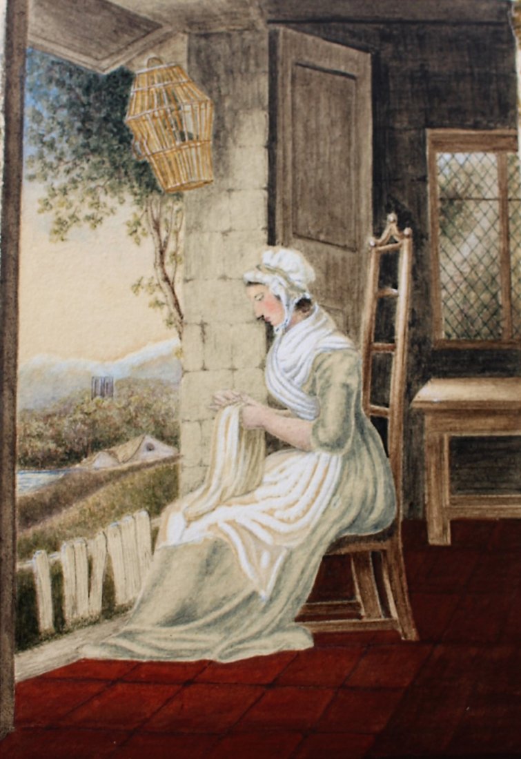 19th C. Watercolor Woman Sewing, Hanging Birdcage (1 of 5)