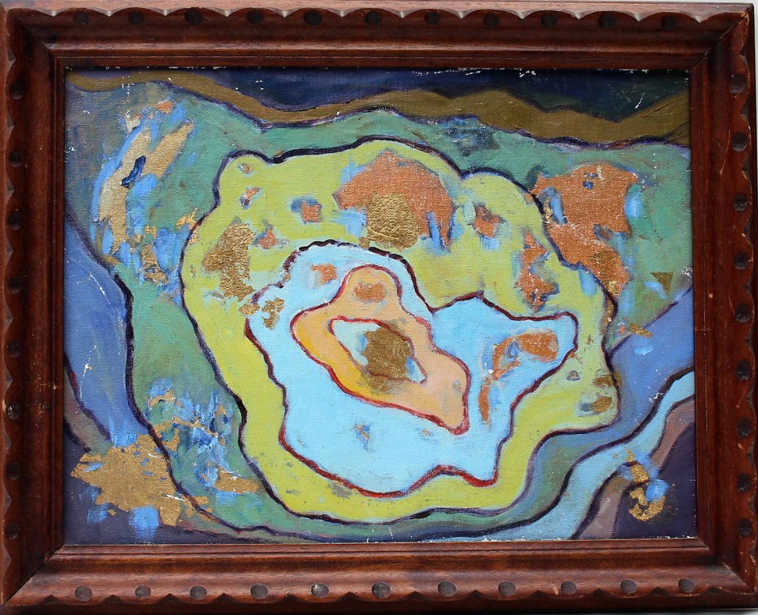 METAPHORPHIC GALAXY Oil on board Painting SPACE AGE: METAPHORPHIC GALAXY Oil on board Painting SPACE AGE.Oil on board painting, framed, unsigned, has gold fleck paint accents. Size: image 12 in. x 16 in., outer frame 15.5 x 19 in.