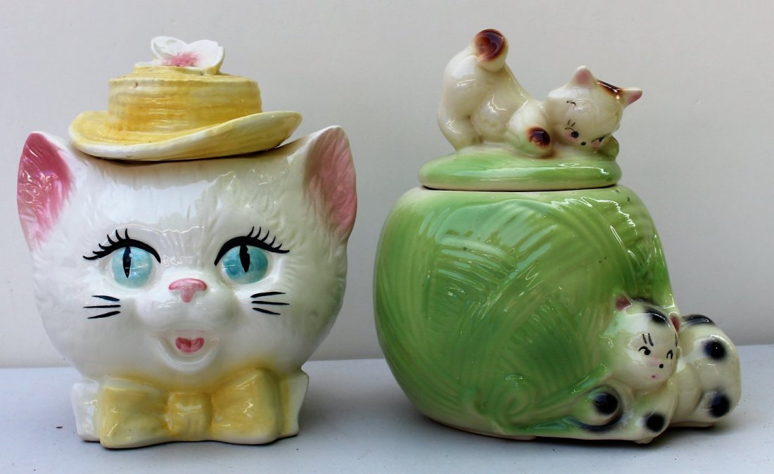 Two [2] Vintage Pottery CAT COOKIE JARS Each Different (1 of 6)