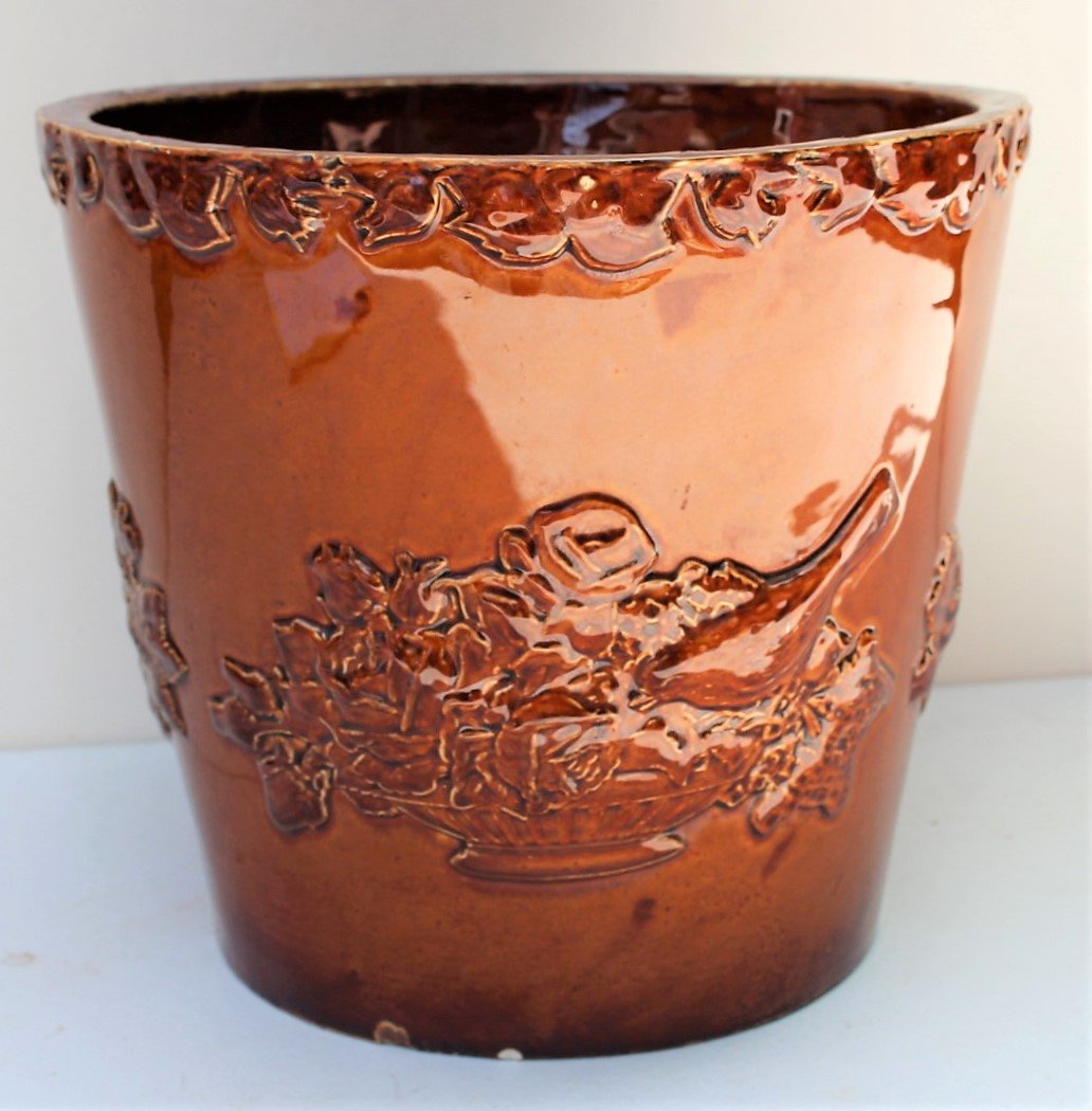 Early American BROWN GLAZE PLANT POT Basket, Roses, Dog (1 of 9)