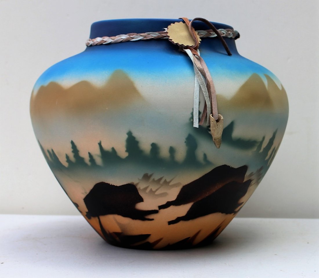 American Indian Pottery Vase, Running Buffalo in Plains (1 of 4)