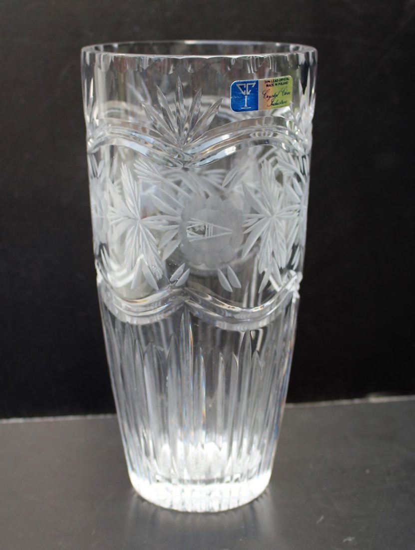 POLAND Lead Crystal Fine Cut Etched Vase original label