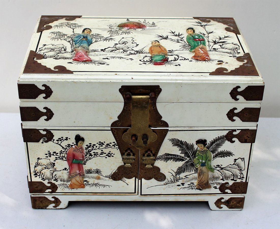 Oriental White Lacquer Jewelry Chest Stone Brass Accent (1 of 4)