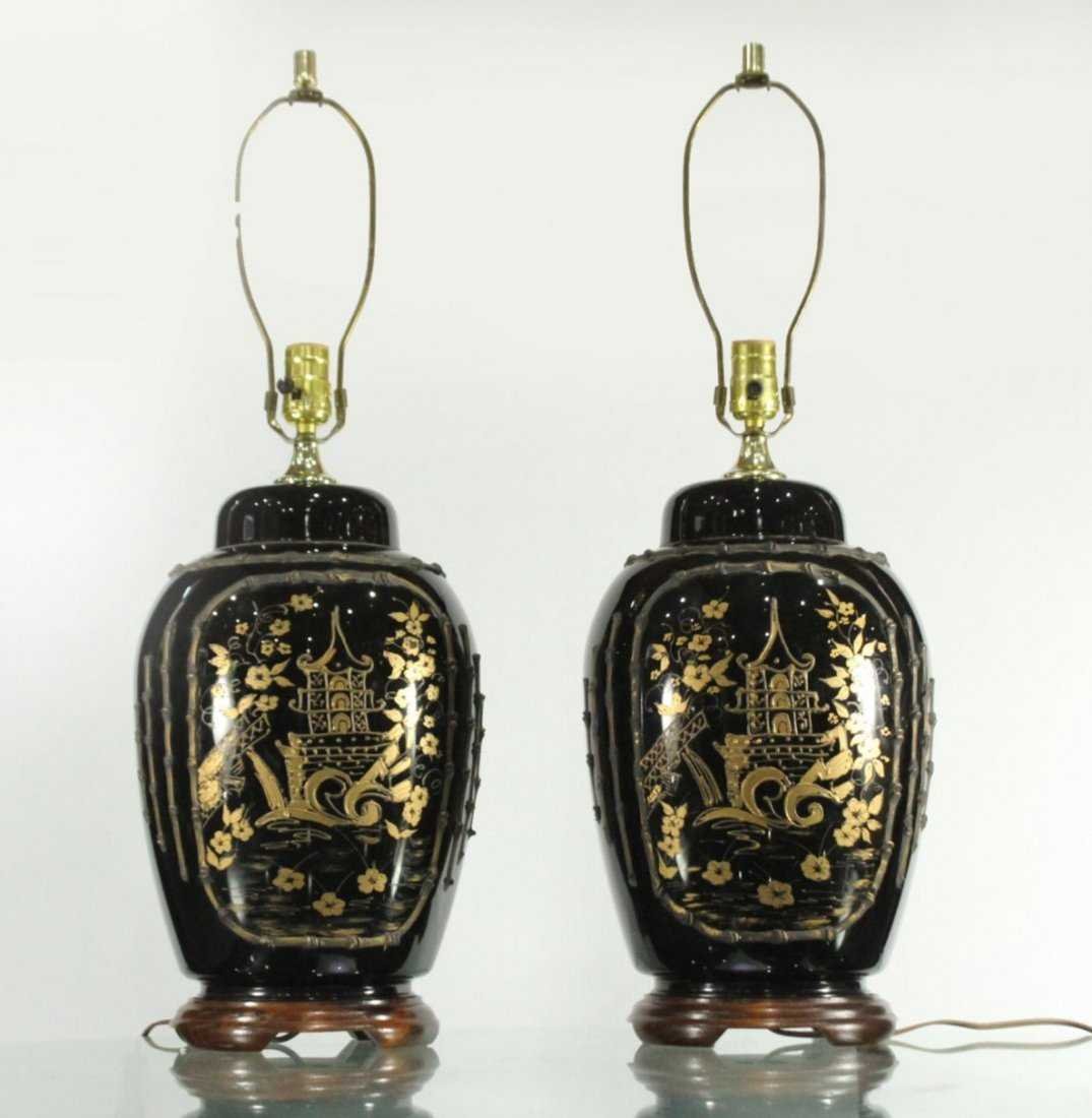 Pair ORIENTAL BLACK CERAMIC & GOLD TABLE LAMPS on Teak (1 of 5)