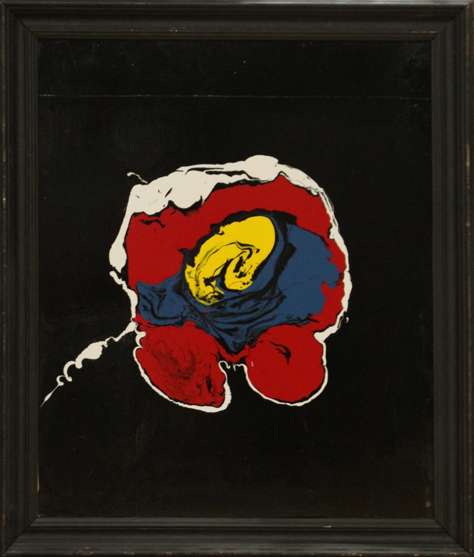 Mid-Century POP ART FLOWER on black background - Oil/b: Mid-Century POP ART FLOWER on black background - Oil/b. Oil on board painting, unsigned, framed. Size: 24 x 20 , outside of frame: 27.5 x 23.75