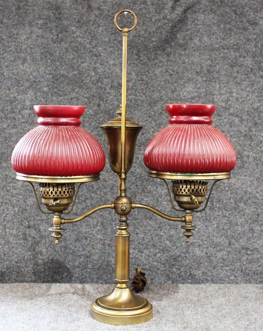 Brass Double Student Lamp with Red Glass Shades (1 of 4)