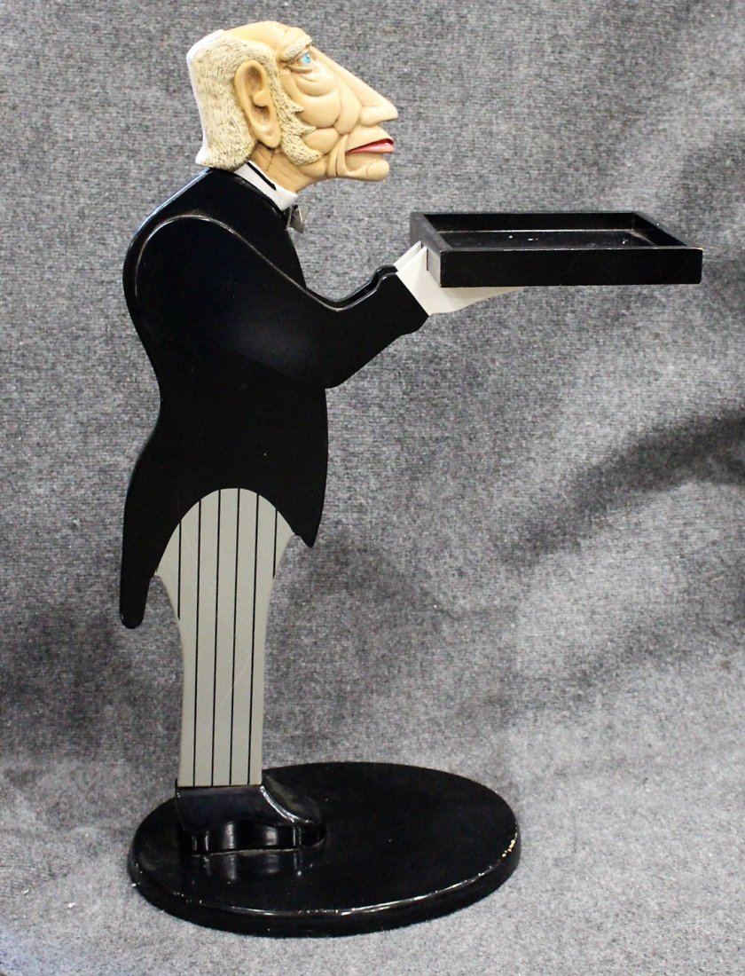 Carved Wood STANDING ENGLISH BUTLER Novelty Item: Carved Wood STANDING ENGLISH BUTLER Novelty Item.Size: 32 in. height, 20 in. widest.