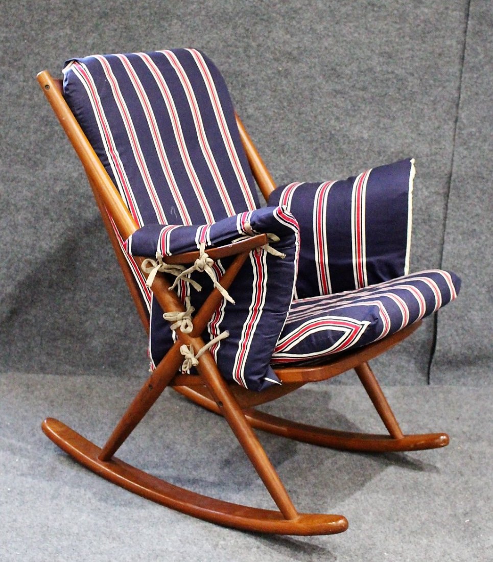 Danish Frank Reenskaug for Bramin Møbler Rocking Chair: Danish Frank Reenskaug for Bramin Møbler Rocking Chair, teak, original label, comes with cushions, clean. Size: 35 in. height, 26 in. wide. Label: Made In Denmark, BRAMIN