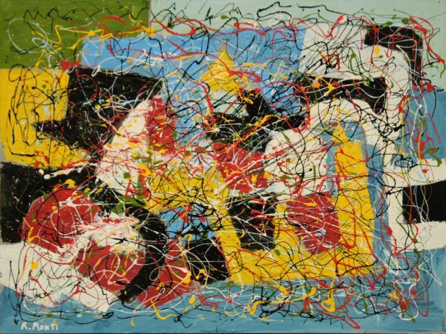R MONTI Mid-Century Large ABSTRACT & DRIP ART OIL/C (1 of 3)