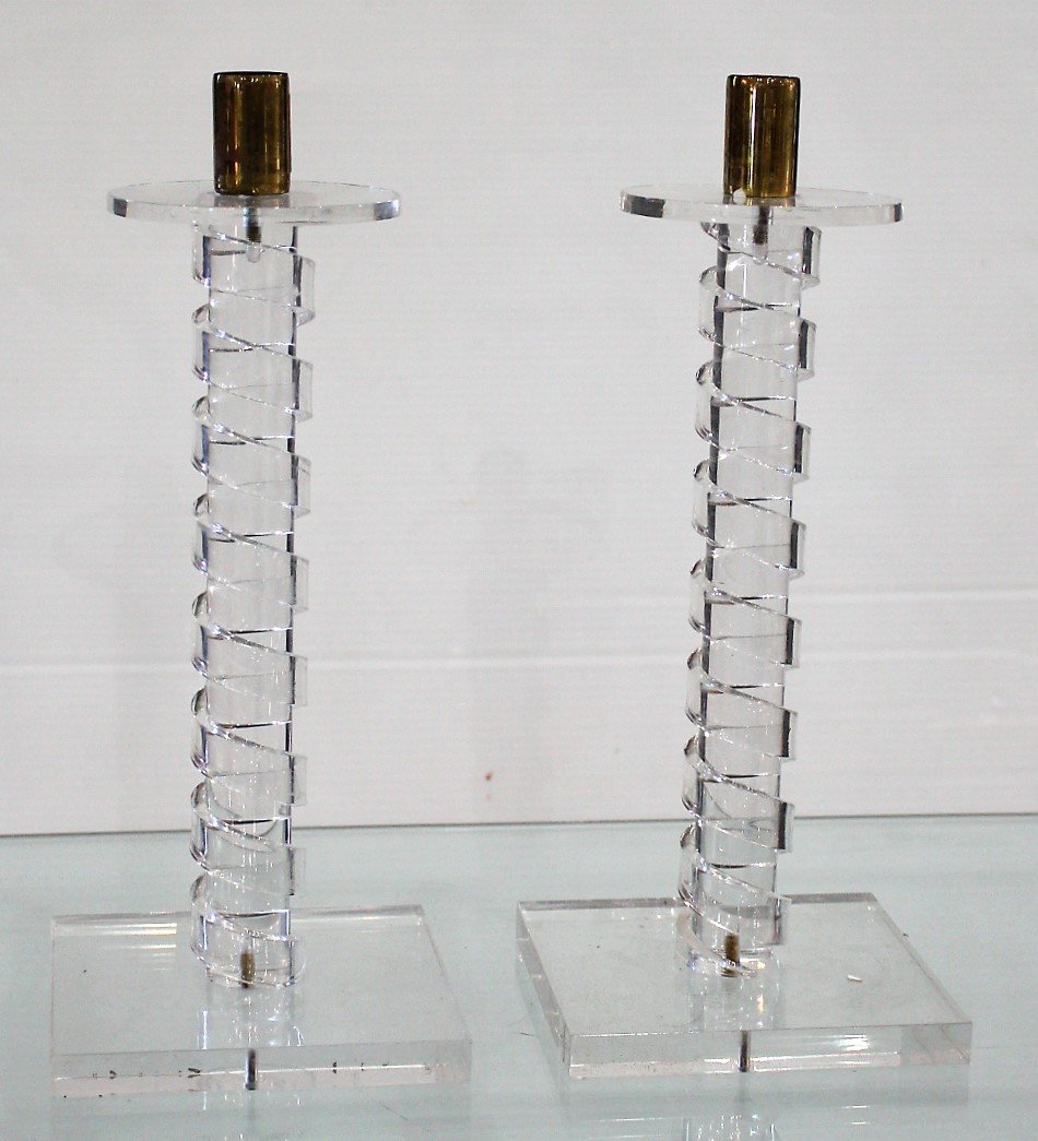 Pair Mid-Century Modern CLEAR LUCITE Tall Candlesticks (1 of 4)