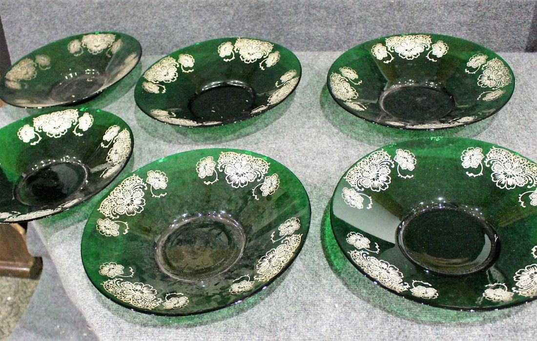 Six [6] Large GREEN GLASS CENTER BOWLS SILVER OVERLAY (1 of 7)