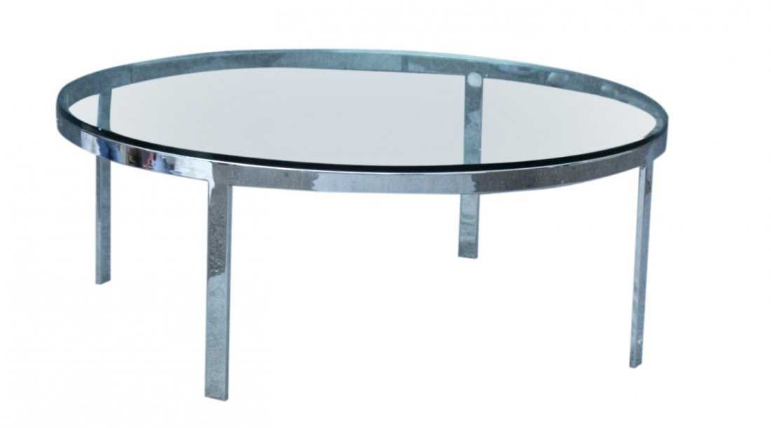 MILO BAUGHMAN Round Chrome Flat Bar Glass Coffee Table (1 of 4)