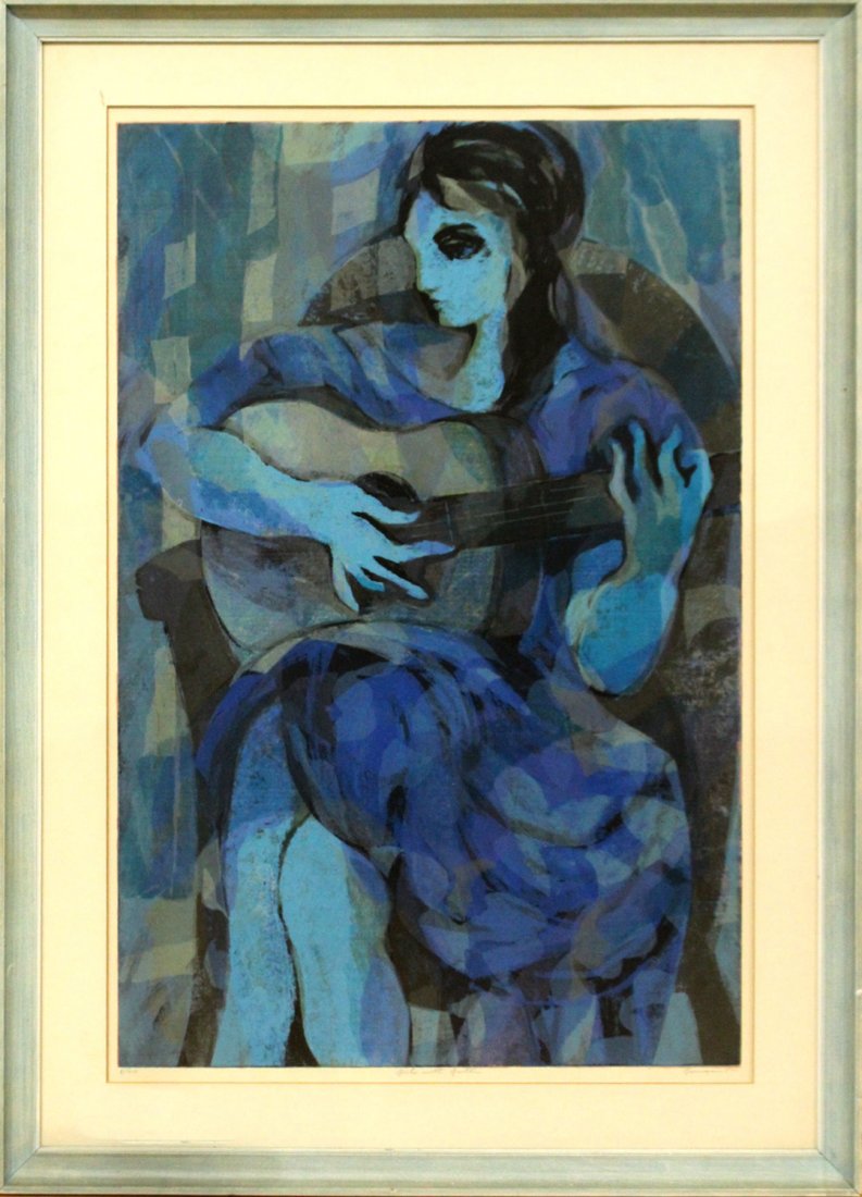 Mid-century modern Girl with guitar lithograph (1 of 6)