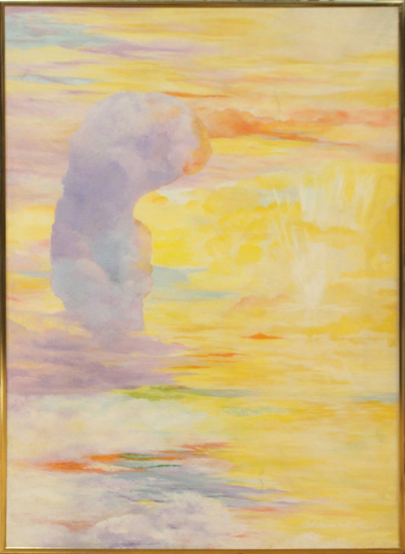Barbara A waltner 'Grace a Diew' oil on panel: Barbara A waltner 'Grace a Diew' oil on panel , information on back. Paintings looks to be a geyser or volcanic activity during sunset / sunrise. Size: 49 x 36
