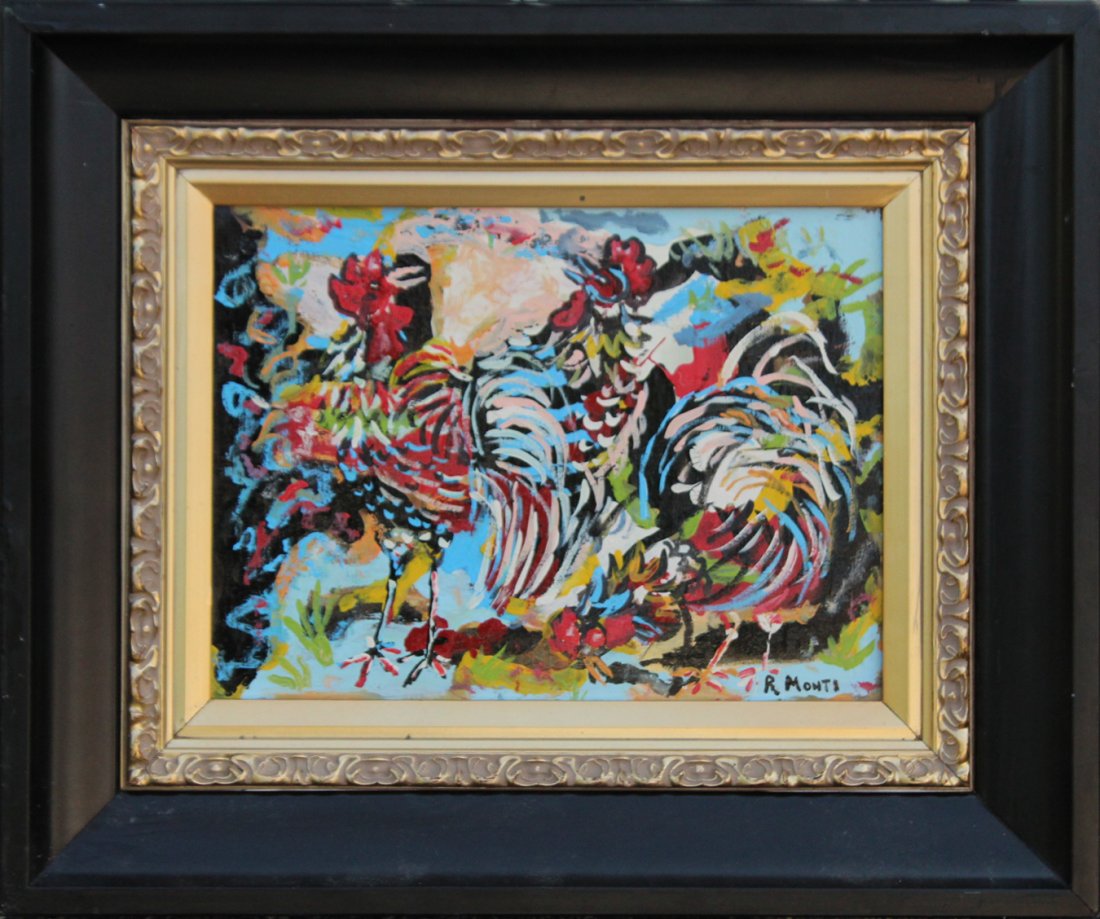 R MONTI Mid-Century ABSTRACT BARN YARD ROOSTERS (1 of 3)