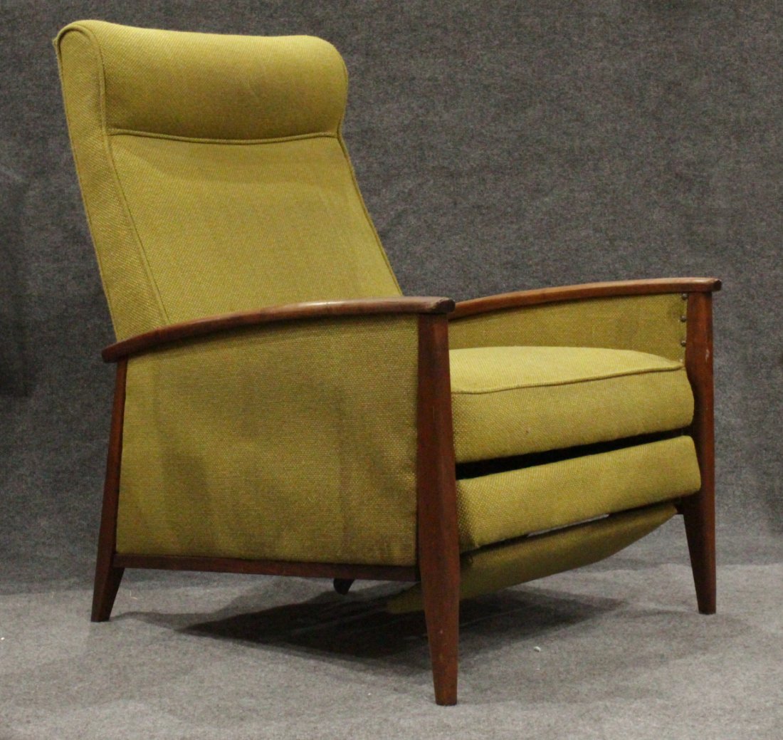 Mid-Century DANISH DESIGN TEAK FRAME RECLINING CHAIR: Mid-Century DANISH DESIGN TEAK FRAME RECLINING CHAIR. Original green upholstery. Size: 39 h , 27w