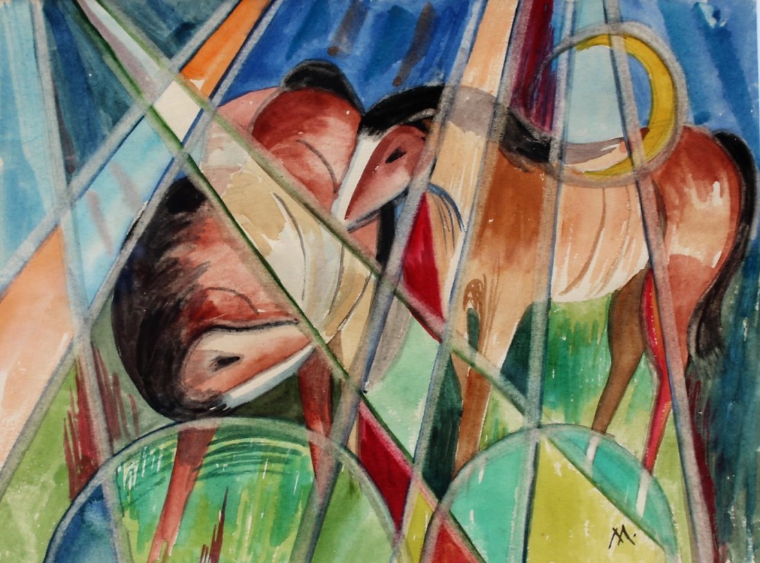 FRANZ MARC , Watercolor HORSES IN COLORFUL ABSTRACT (1 of 4)