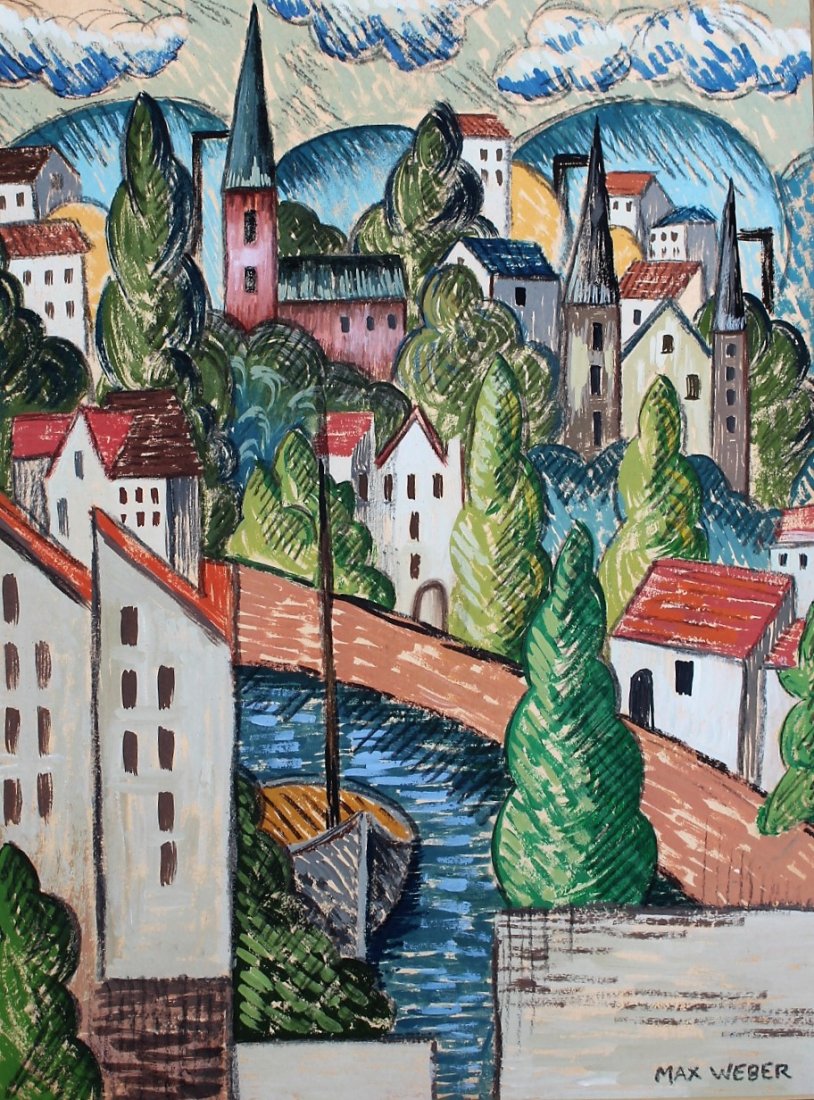 MAX WEBER, Gouache EUROPEAN HILLSIDE VILLAGE, CANAL (1 of 5)