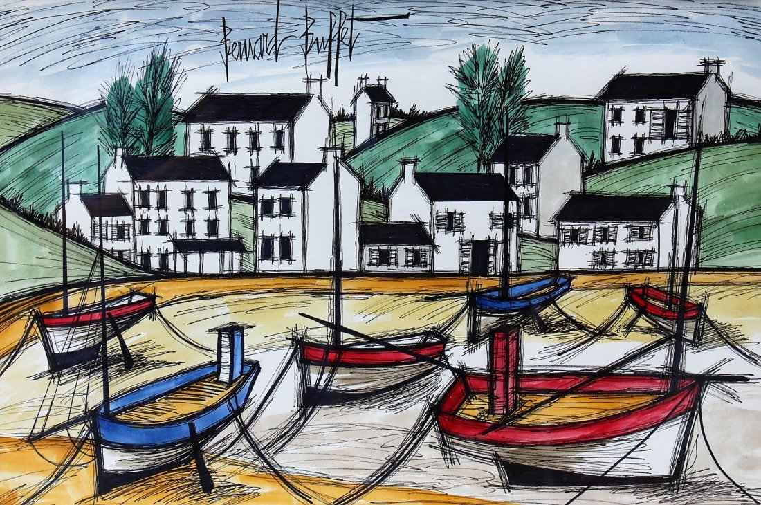 BERNARD BUFFET, Important Watercolor And Ink SHIPS DOCK (1 of 9)