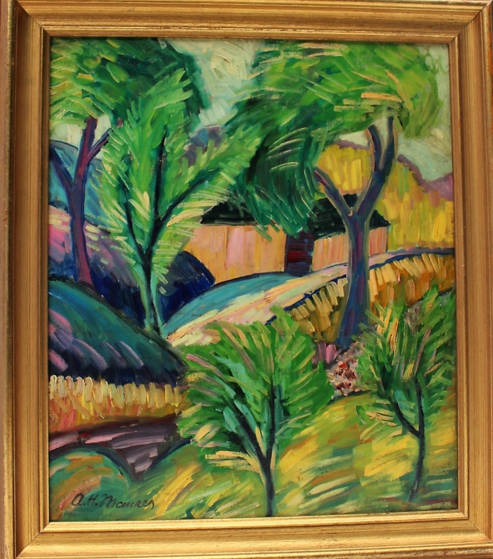 A H MAURER; Oil/B Impressionist TROPICAL LANDSCAPE (1 of 4)