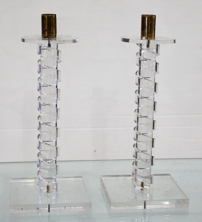 Pair Mid-Century Modern CLEAR LUCITE Tall Candlesticks. (1 of 4)
