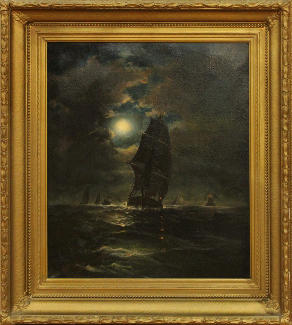 EDWARD MORAN, Oil/C Seascape Boats In Moonlight (1 of 8)