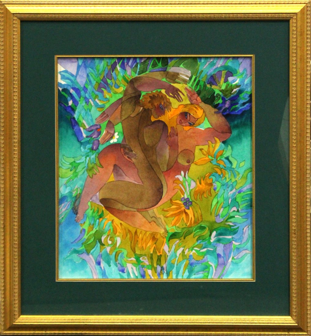 MODERNISM Watercolor DANCING FIGURES IN GARDEN (1 of 6)