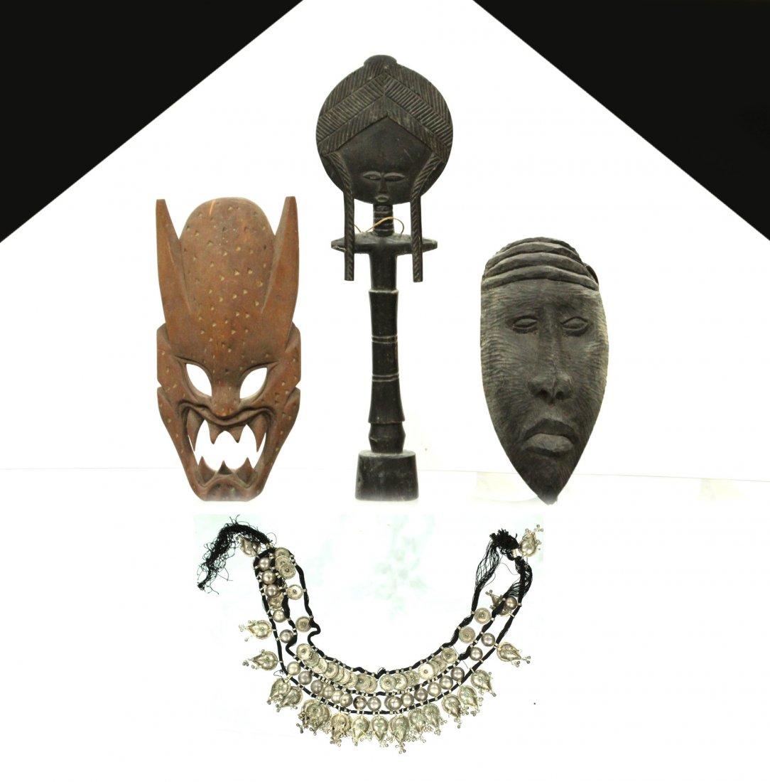 African fertility Wand, Masks, and Necklace: Vintage and antique African masks for cermonial purposes with large fertility wand and hammered metal on string necklace. Size range on masks 21 h , 13 w